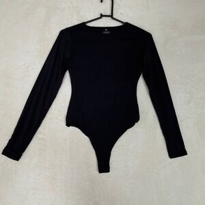 Pumiey Long Sleeve Bodysuit Black Bottoms Double Layer Bodysuit  Women's Small